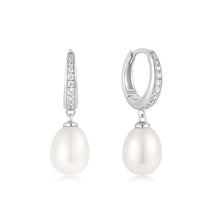 Load image into Gallery viewer, Silver Freshwater Pearl and White Cubic Zirconia Pavé Drop Huggies