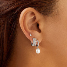 Load image into Gallery viewer, Silver Freshwater Pearl and White Cubic Zirconia Pavé Drop Huggies