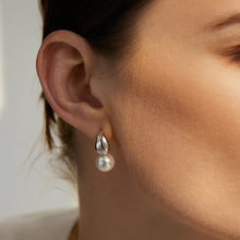 Load image into Gallery viewer, Silver Shell Pearl Dome Hoop Earrings