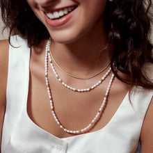 Load image into Gallery viewer, Gold Freshwater Pearl and White Cubic Zirconia Bezel Set Slider Necklace