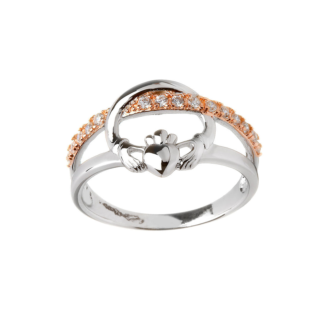 Silver Claddagh Ring With Cz Set In Rose Gold