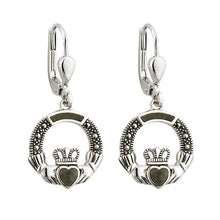 Load image into Gallery viewer, SILVER MARCASITE & MARBLE CLADDAGH DROP EARRINGS