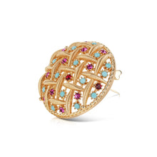Load image into Gallery viewer, Gold Plated Round Brooch Pink & Turquoise Stones