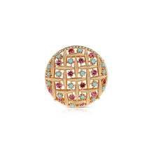 Load image into Gallery viewer, Gold Plated Round Brooch Pink & Turquoise Stones