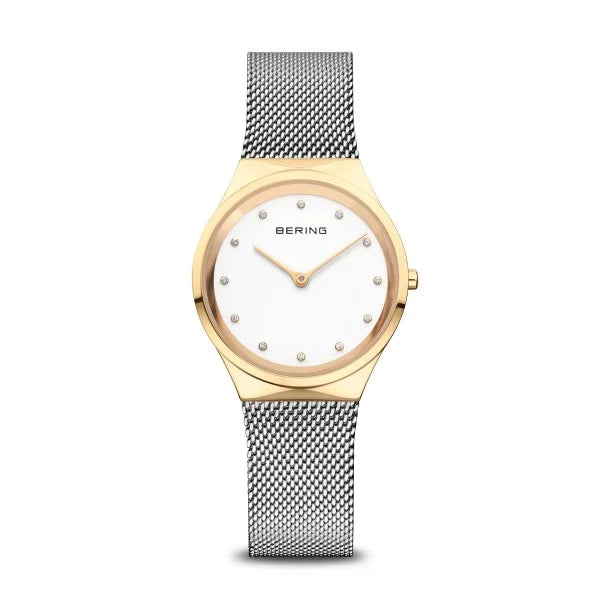 Ladies Classic Polished Gold Mesh with Cz on Dial