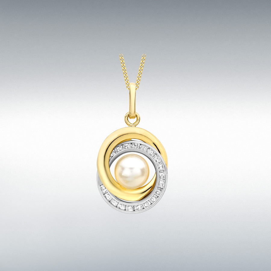 9ct 2-Tone Gold CZ Knot & Freshwater Pearl Pendant