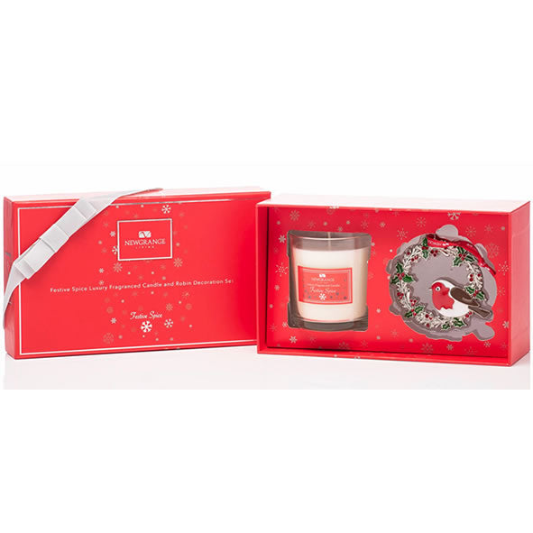 Festive Spice Luxury Candle & Robin Decoration Set