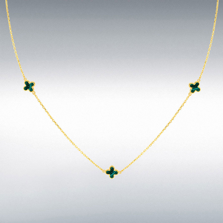 9ct Yellow Gold 3 x Malachite Clover Petals Necklace