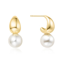 Load image into Gallery viewer, Silver Shell Pearl Dome Hoop Earrings
