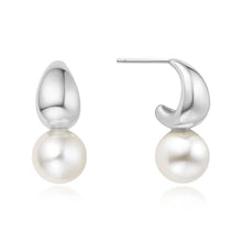 Load image into Gallery viewer, Silver Shell Pearl Dome Hoop Earrings
