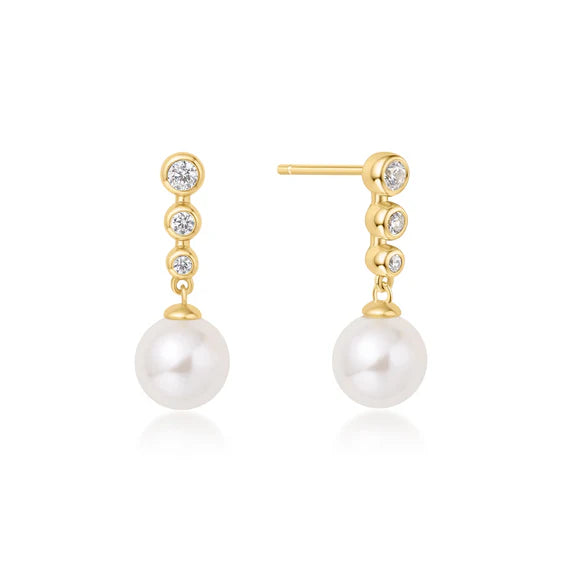 Gold Tennis Beaded Stone Pearl Drop Stud Earrings