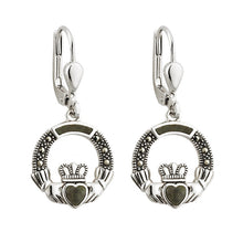 Load image into Gallery viewer, SILVER MARCASITE &amp; MARBLE CLADDAGH DROP EARRINGS
