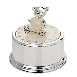 SILVERPLATED ROUND MUSIC BOX - TEDDY