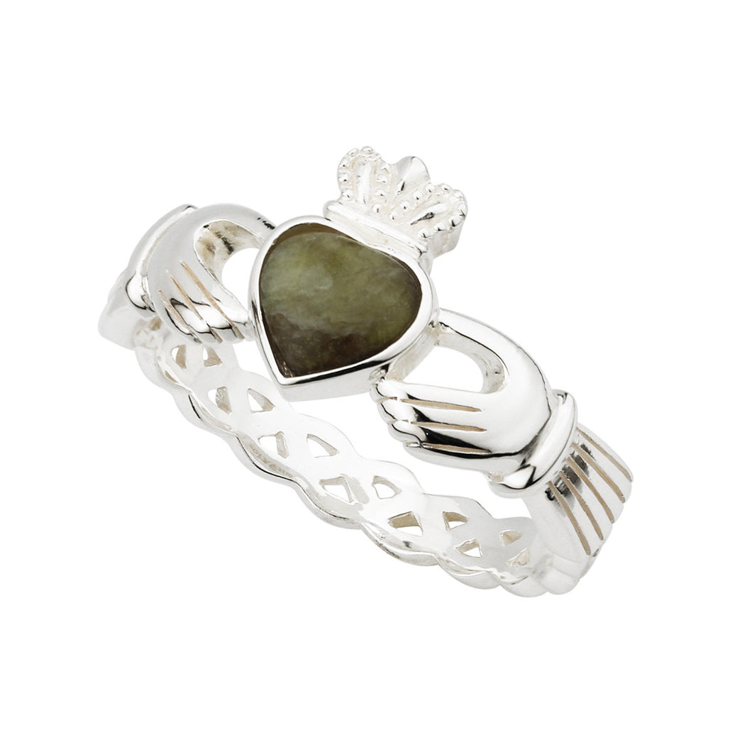 SILVER CONNEMARA MARBLE CLADDAGH WEAVE RING