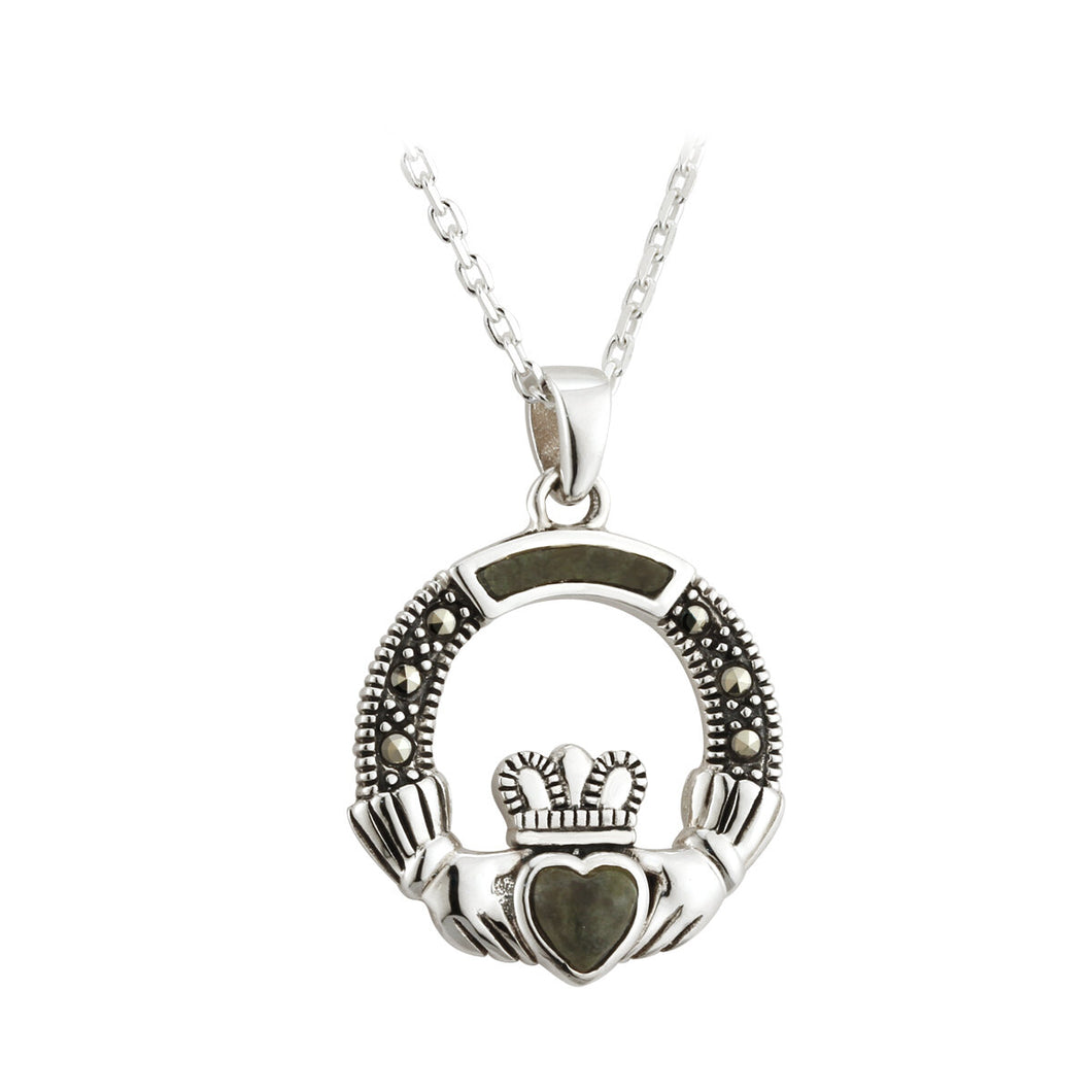 SILVER MARBLE & MARCASITE CLADDAGH PENDANT