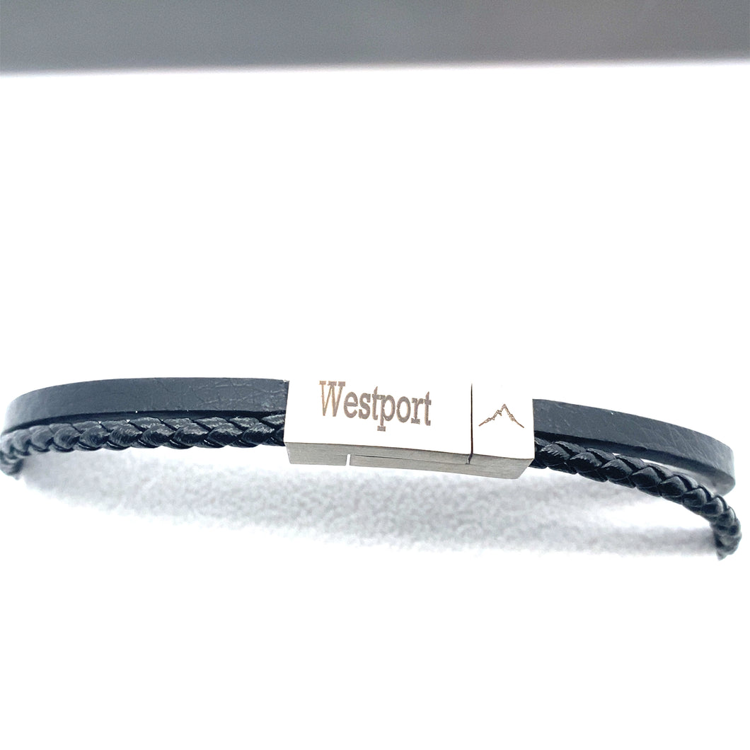 Gents leather bracelet with Westport engraving