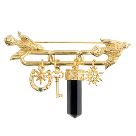 Gold Plated Brooch with Birds & Charms