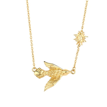 Gold Plated Necklace with Bird and Sun Charm