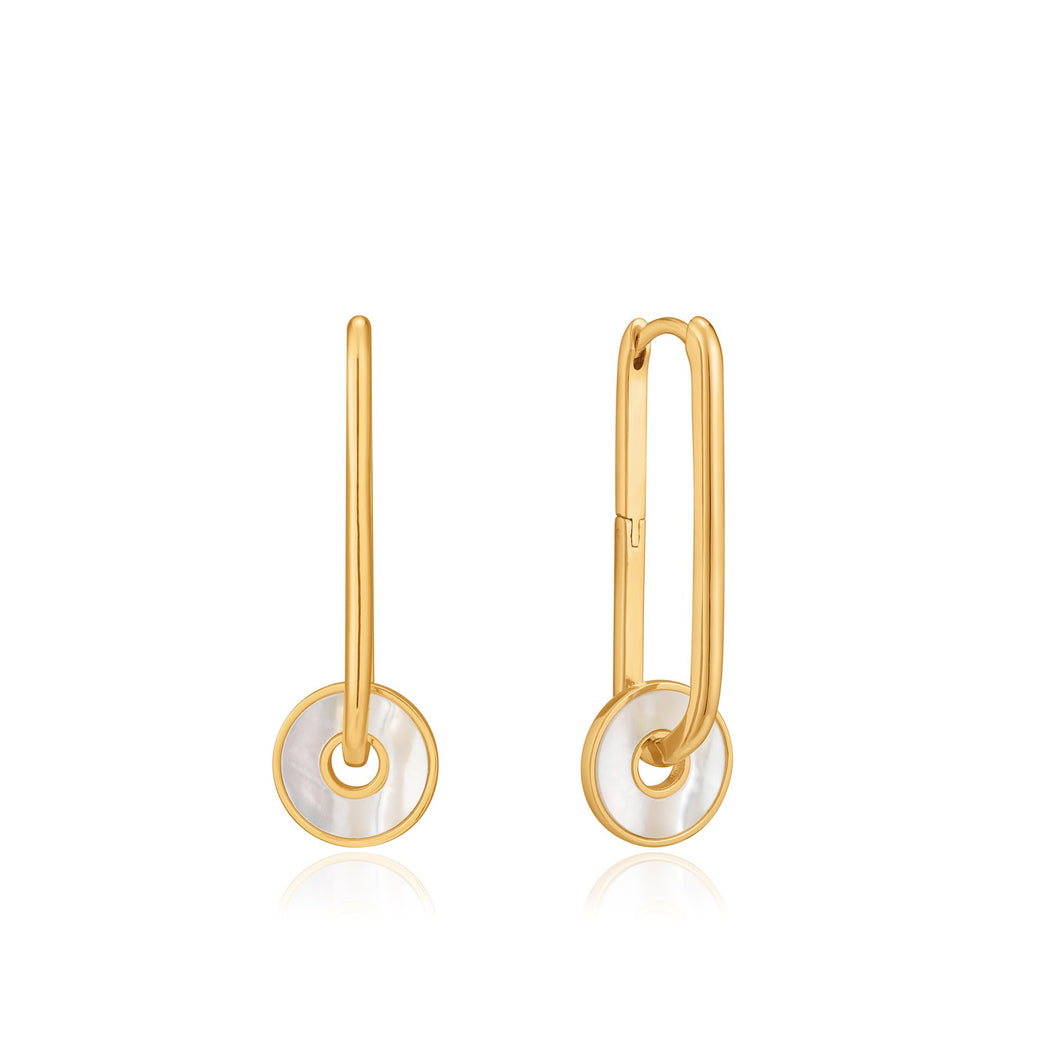 Gold Mother Of Pearl Disc Hoop Earrings