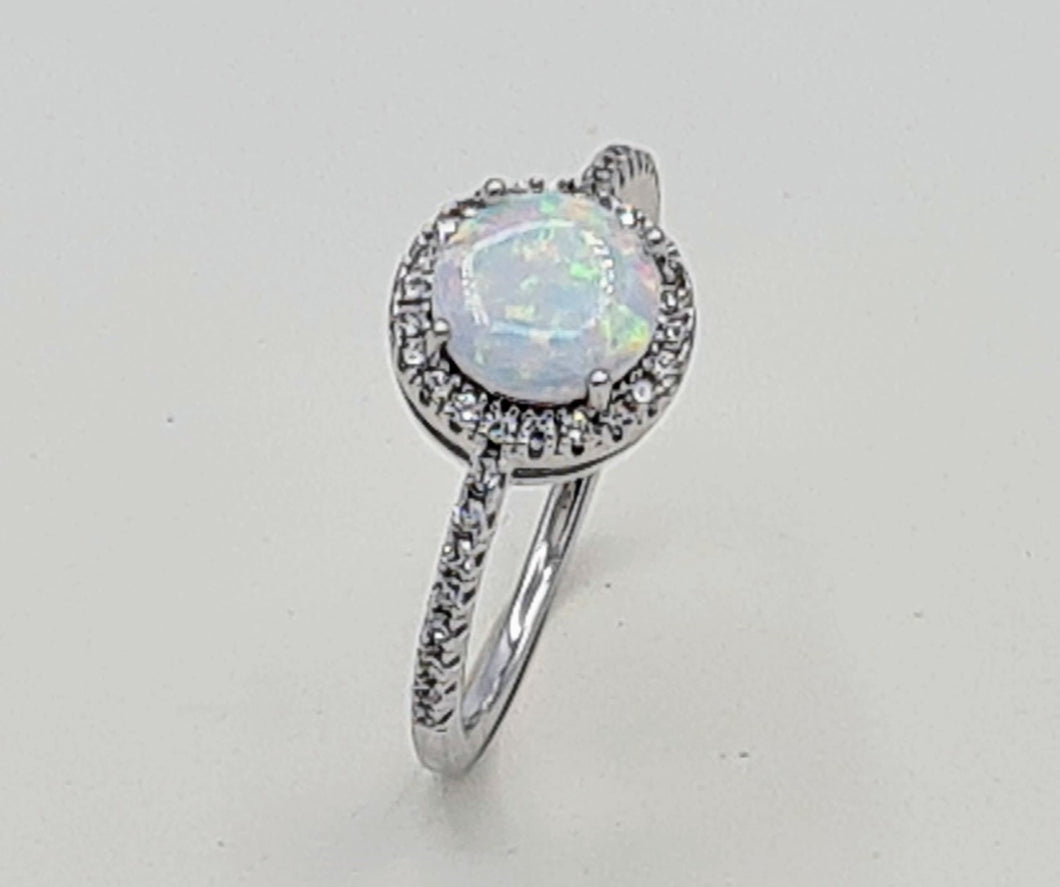 Sterling Silver Halo Opal Ring with Cz on Shoulder