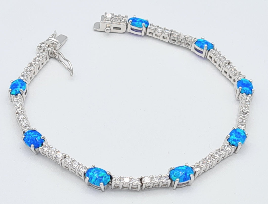 Sterling Silver Blue Opal & Cz Tennis Bracelet