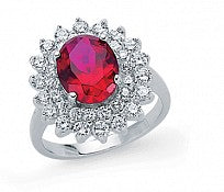 Sterling Silver Oval Ruby & Cz Cluster Ring
