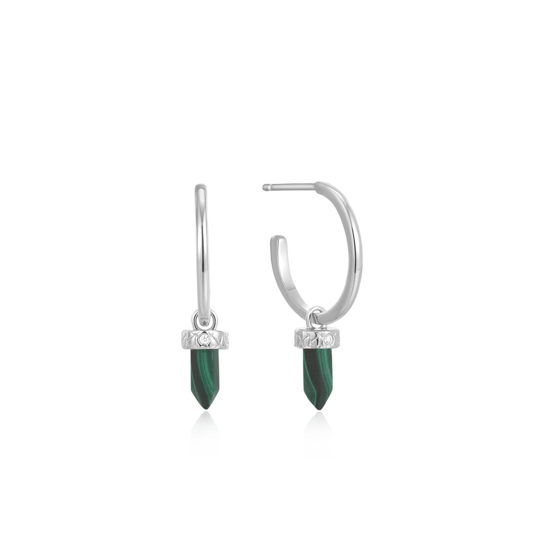 Silver hoop earring with Malachite point