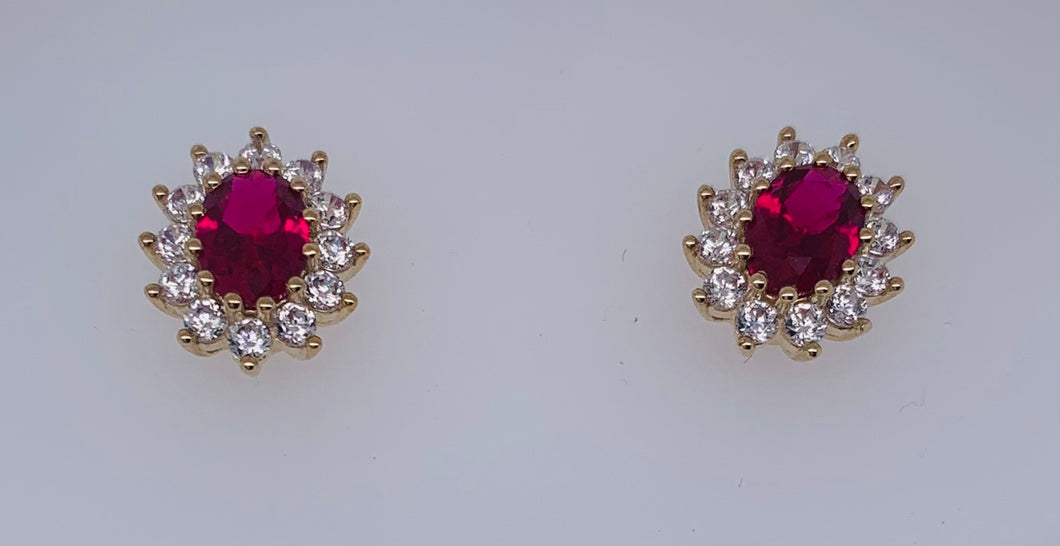 9ct Yellow Gold Ruby & Cz Cluster Earrings