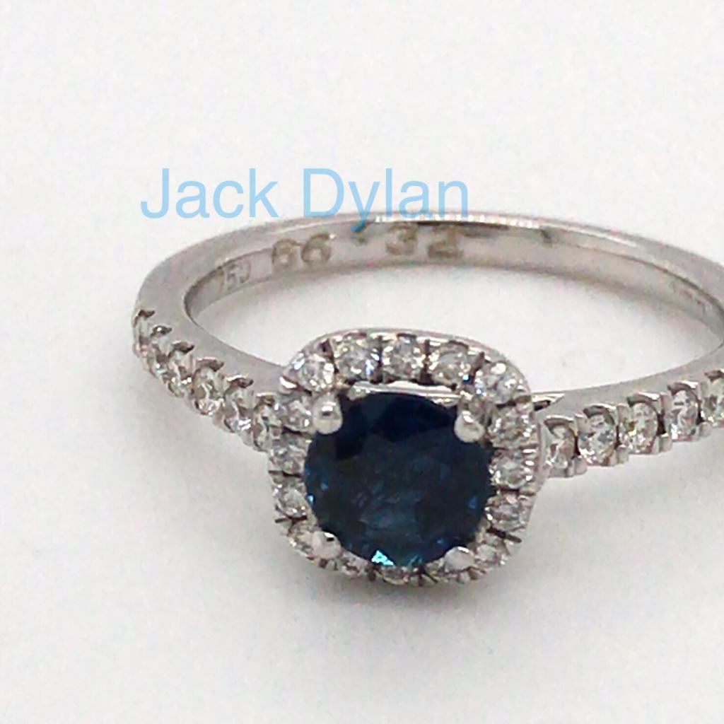 18K White Gold Sapphire Halo Diamond With Shoulder Detail