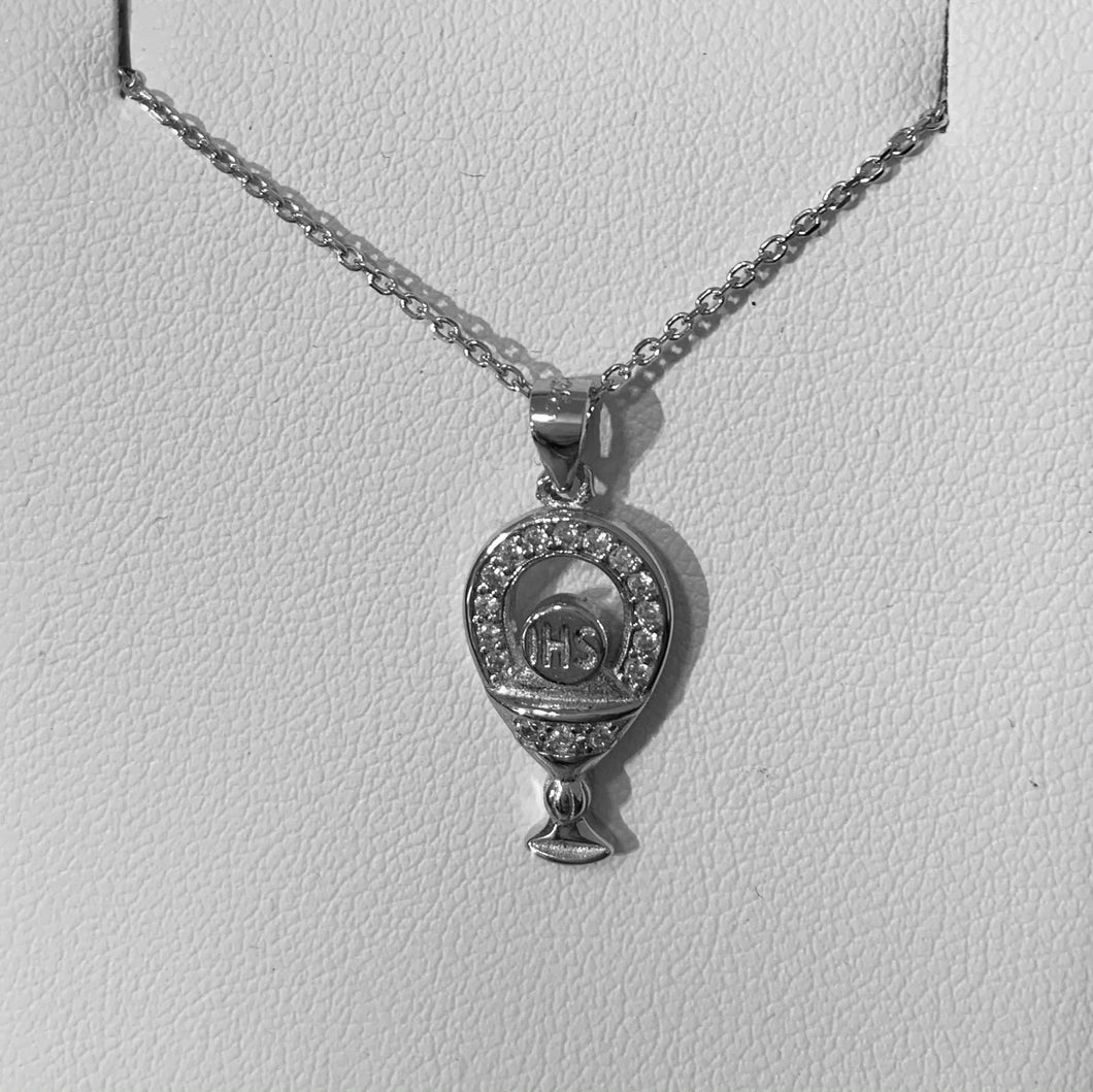 Sterling Silver First Holy Communion CZ Chalice Necklace