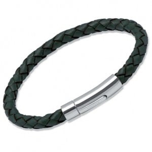 Unique & Co Gents Stainless Steel Green Leather Bracelet